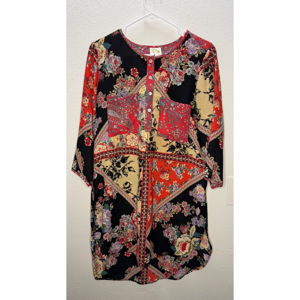 Fig and Flower Women Multi-Color Patchwork Floral Paisley Tunic‎ Blouse Medium